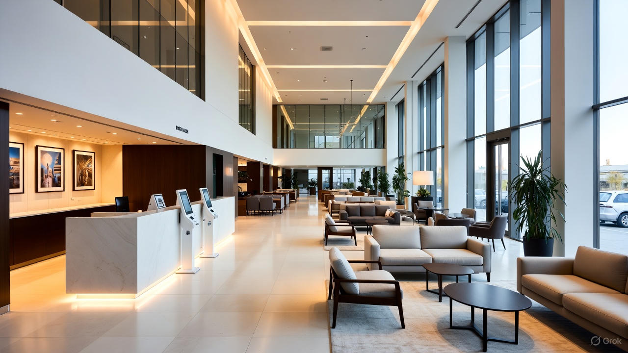 Modern Hotel Lobby with Self-Service Kiosks